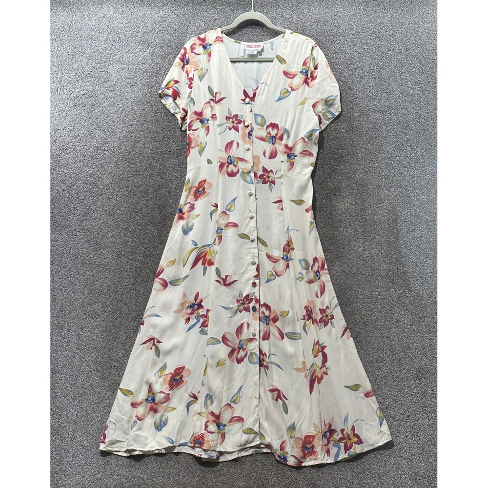 Maggy London Vintage Floral Maxi‎ Dress Cream Pink Rayon Button Front Size 10